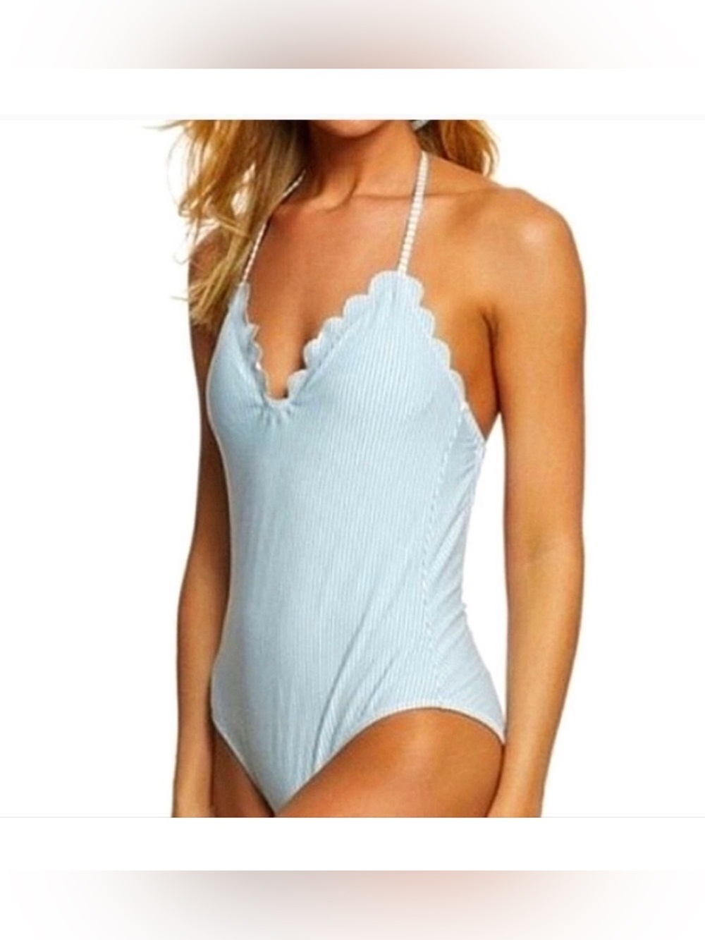 Jessica Simpson Scalloped Blue White One Piece Seersucker Bathing Swimsuit Large